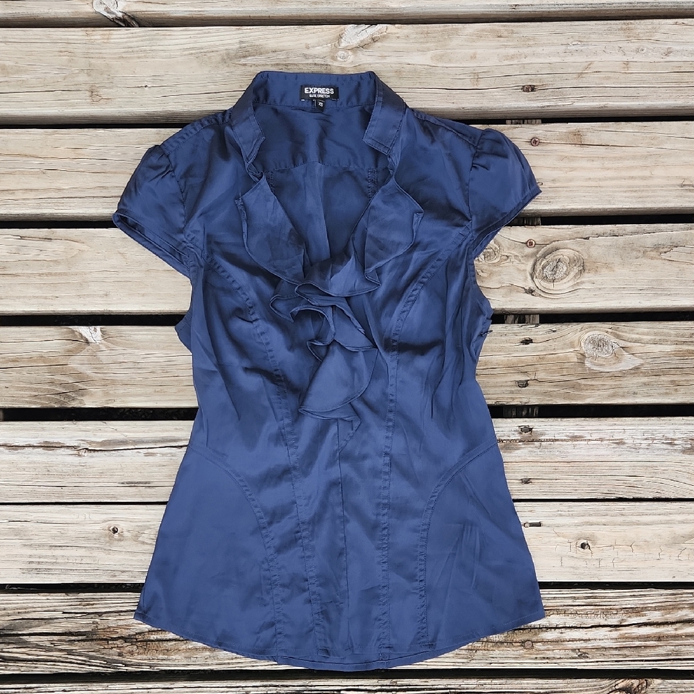Express Elite Stretch Satin Ruffle Front Business Top XS Navy Blue